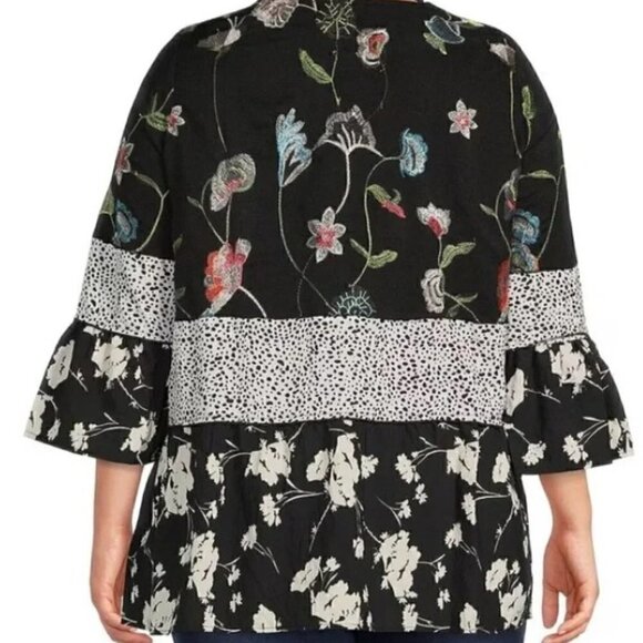 Calessa Black Embroidered Floral Patchwork Print  3/4 Sleeve Tiered Hem Tunic - Picture 2 of 4